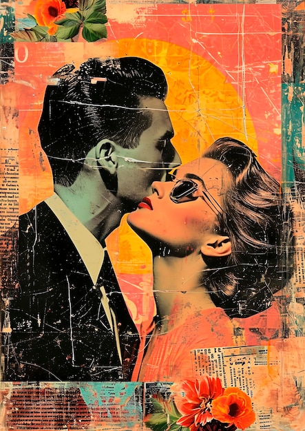 Collage di biglietti di San Valentino vintage con persone innamorate