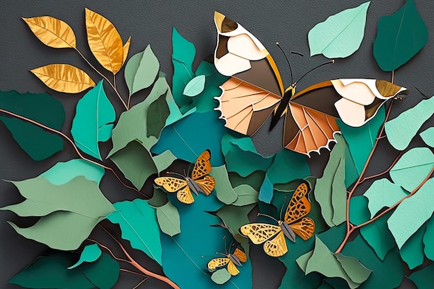 Collage di carta d'arte astratta con farfalle e foglie verdi creato con intelligenza artificiale generativa