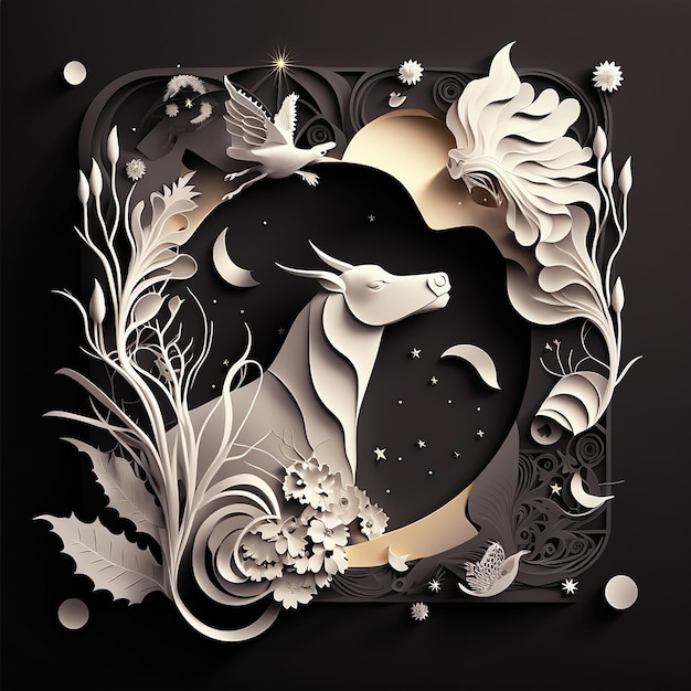 Collage di carta tagliata dello zodiaco da favola astratto bianco con decorazione su sfondo nero ai generativo