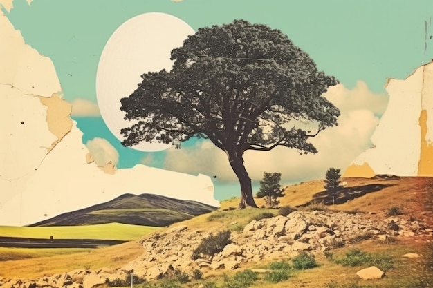 Collage di carta vintage con paesaggio antico dall'impatto emotivo in stile retrò