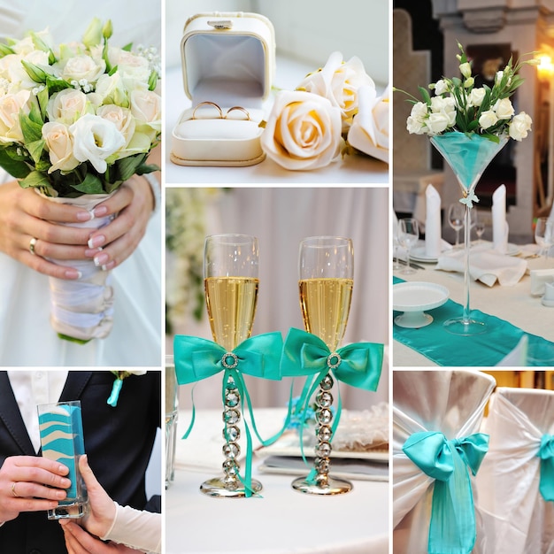 Collage di decorazioni per foto di nozze nei colori blu turchese