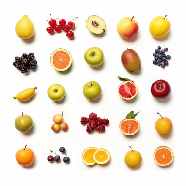 Collage di diversi frutti isolati su sfondo bianco rendering 3D