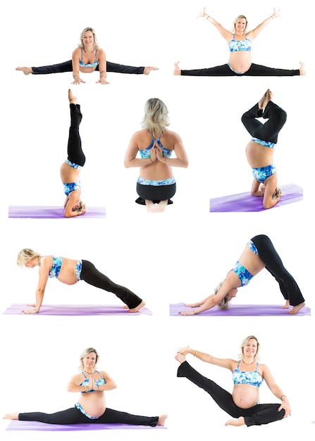 Collage di donna incinta fitness fare stretching su yoga e pilates posa su sfondo bianco Il concetto di sport e salute