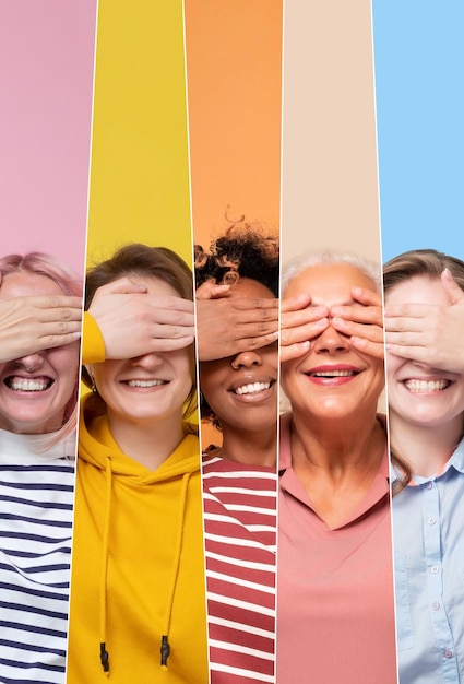 Collage di donne caucasiche e africane felici che coprono gli occhi in attesa di sorpresa