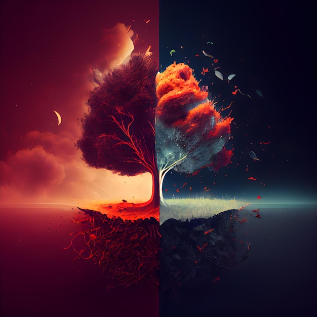 Collage di due immagini di un'illustrazione di un albero in fiamme