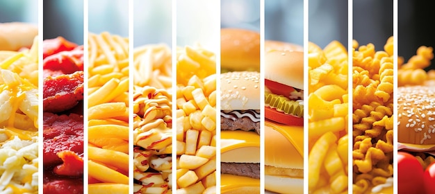 Collage di fast food colorato con linee bianche divise in 7 segmenti illuminazione bianca brillante