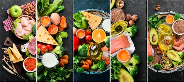 Collage di foto. Cibo sano: verdure, frutta, carne e pesce su uno sfondo di pietra nera. Vista dall'alto.