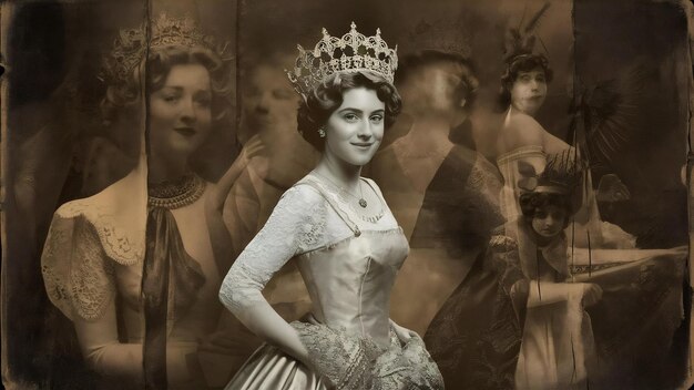 Collage di foto d'epoca con donna con corona