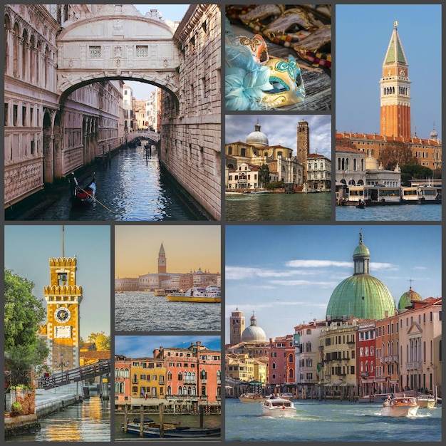 Collage di foto dei monumenti di Venezia, Italia.