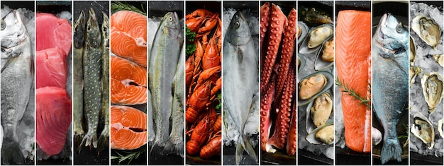 Collage di foto di frutti di mare Pesce fresco e frutti di mare Il concetto di una sana alimentazione