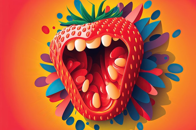 Collage di frutta astratta una fragola con labbra e lingua color fragola