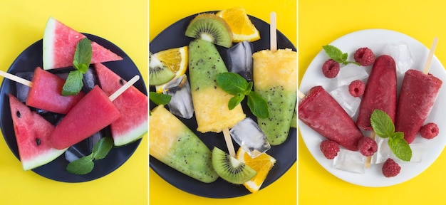 Collage di ghiaccioli con frutta e bacche sul piatto sullo sfondo giallo Primo piano