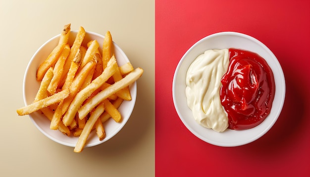 Collage di gustose patatine fritte con ketchup e maionese su sfondo colorato vista superiore