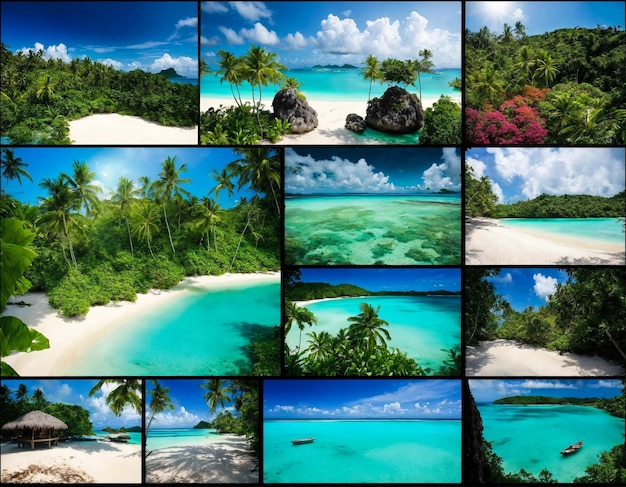 Collage di immagini di paesaggi tropicali con VACANZE ESTERNE spettacolari paesaggi tropici Set di foto di collezione tropicale per banner o poster Concetto di vacanza estiva vacanza di viaggio Copia spazio di testo