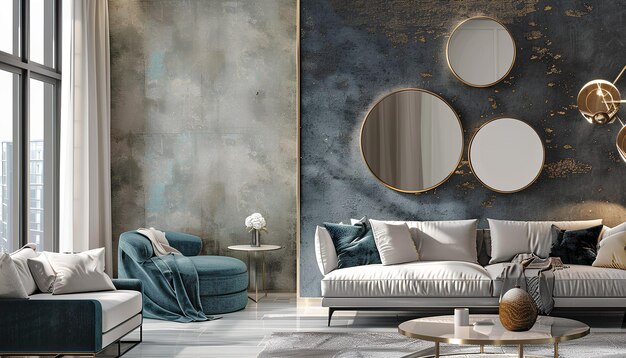 Collage di interni eleganti con specchi rotondi appesi alle pareti