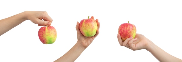 Collage di mela rossa in mano isolata su uno sfondo bianco, foto banner
