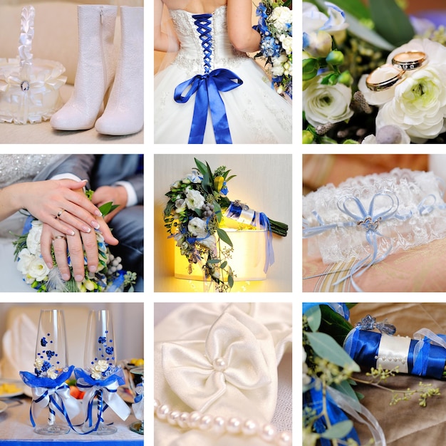 Collage di nove foto di matrimonio in blu