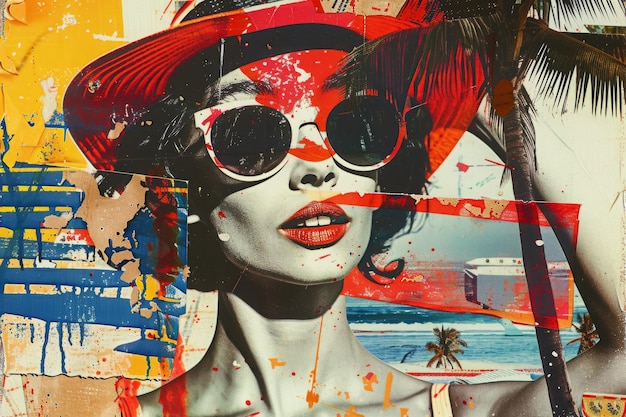 Collage di pop art di una ragazza in vacanza estiva