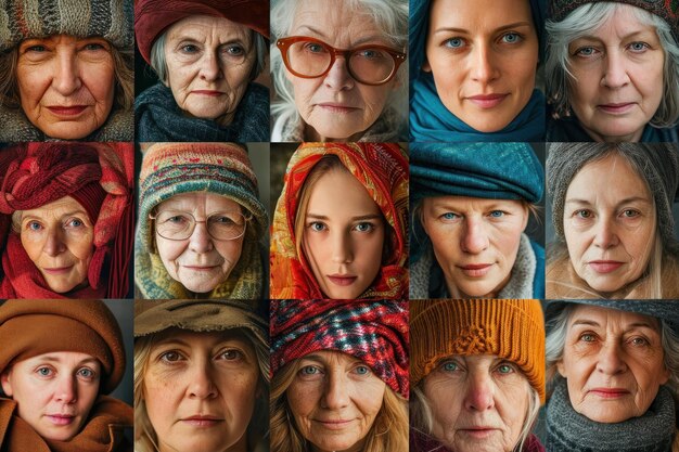 Collage di ritratti di donne di diverse età con cappelli colorati