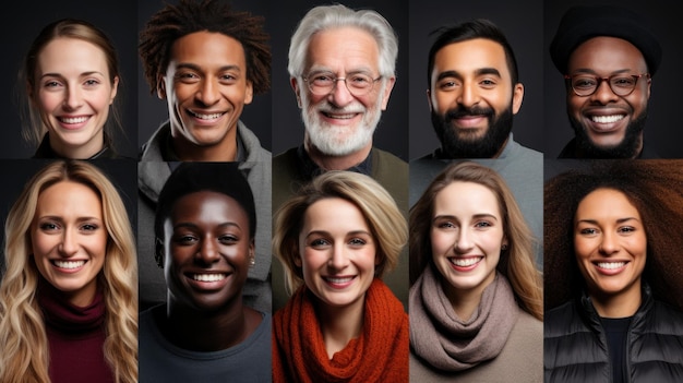 Collage di ritratti di persone multietniche felici che sorridono e guardano la macchina fotografica