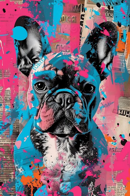 Collage di ritratto di bulldog francese con pagine di riviste strappate e graffiti poster flyer concept style