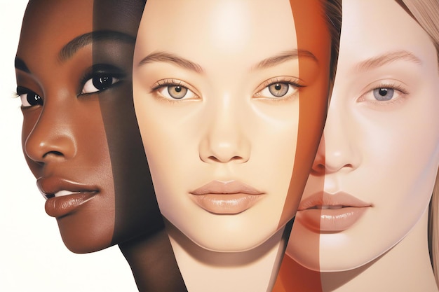 Collage di tre modelle femminili con diverse tonalità della pelle concetto di bellezza e moda