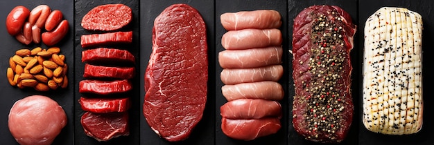 Collage di vari prodotti a base di carne cruda con linee divisorie bianche sullo sfondo bianco brillante