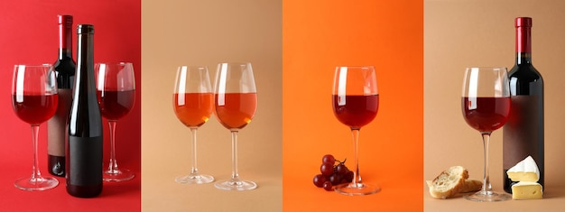 Collage di vino su sfondi di colore diverso