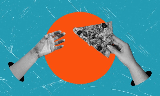 Collage digitale di arte contemporanea Una mano che regala e riceve una fetta di deliziosa pizza