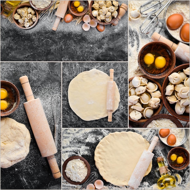 Collage fotografico cottura cottura mattarello farina pasta all'uovo Vista dall'alto Spazio per la copia gratuito