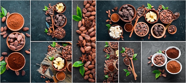 Collage fotografico di fave di cacao cacao in polvere cioccolato burro di cacao Vista dall'alto