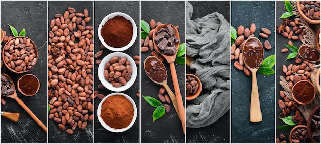 Collage fotografico di fave di cacao cacao in polvere cioccolato burro di cacao Vista dall'alto