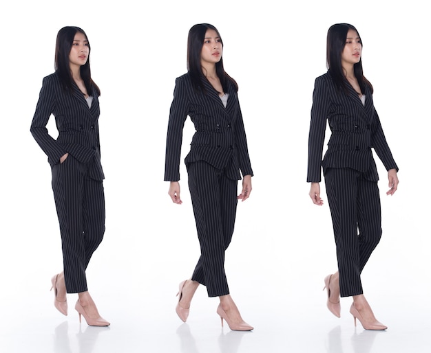 Collage Gruppo Figura intera snap di 20s Asian Woman nero capelli lunghi abito formale pantalone e scarpe. La femmina di affari cammina direzione in avanti e pose intelligenti su sfondo bianco isolato