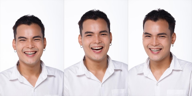 Collage gruppo metà corpo figura faccia di 20s studente universitario asiatico uomo capelli neri camicia bianca jean pantaloni maschio emotivo esprimere sentimento felice sorriso ridere su sfondo bianco isolato