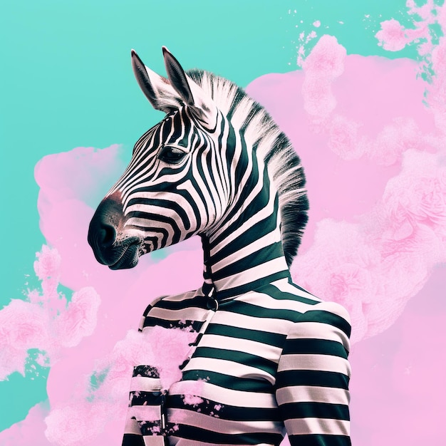 Collage moderno di persona con faccia di zebra e sfondo rosa cielo