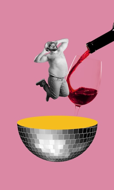 Collage moderno di una persona funky e un grande bicchiere di vino