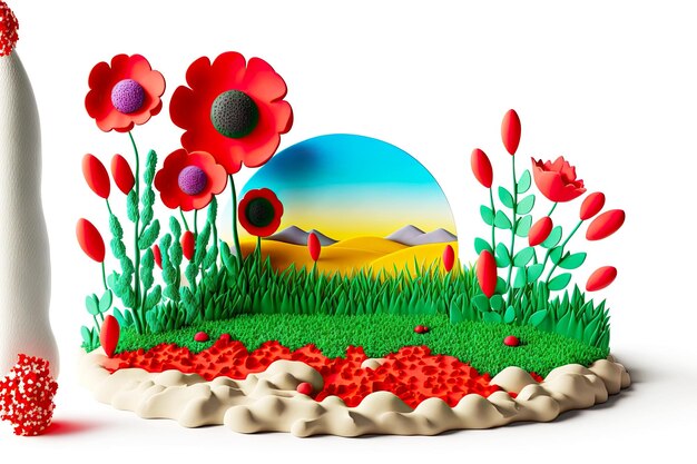 Collage per bambini con fiori di plastilina e sole su sfondo bianco creato con intelligenza artificiale generativa