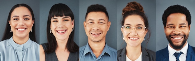 Collage ritratto e volto di uomini d'affari con sorriso gruppo professionale e colpo alla testa su sfondo studio Diversità dipendenti e composito di felice lavoro di squadra aziendale società globale o fiducia