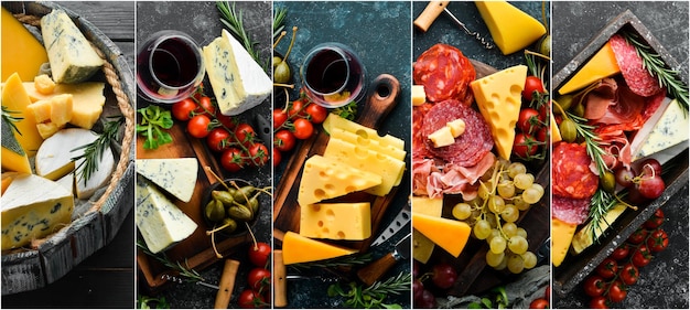 Collage Set di formaggi italiani carne e snack Assortimento di antipasti