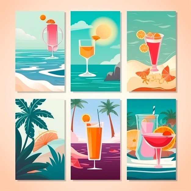 Collage Set di striscioni piatti estivi con cocktail palme spiaggia e mare