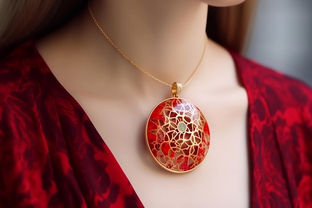 Collana d'oro con pendente rosso sulla femmina da vicino