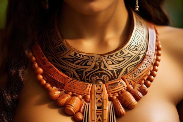 Collana di dichiarazione composta da perle e fette arancione e nere motivi e disegni tribali polinesiani pezzo unico di moda etnica tribale arte polinesiana