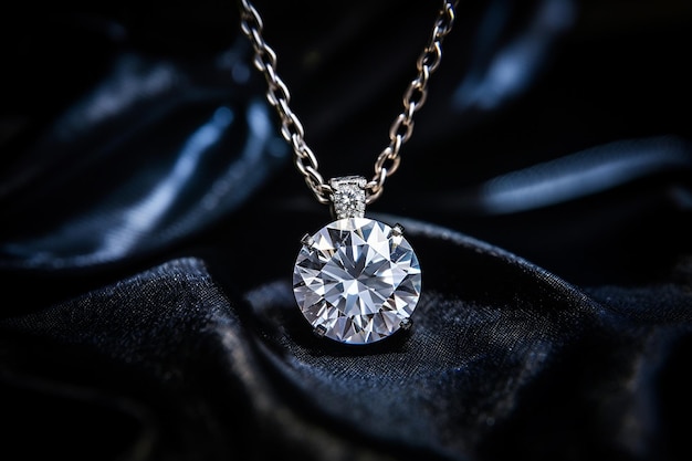 Collana di platino di lusso con diamanti su tessuto di seta scuro close-up collana d'oro nel negozio bellissima collana a pendente di diamanti vetrina di gioielli selettiva