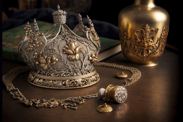 Collana in argento e corona d'oro sul piano del tavolo