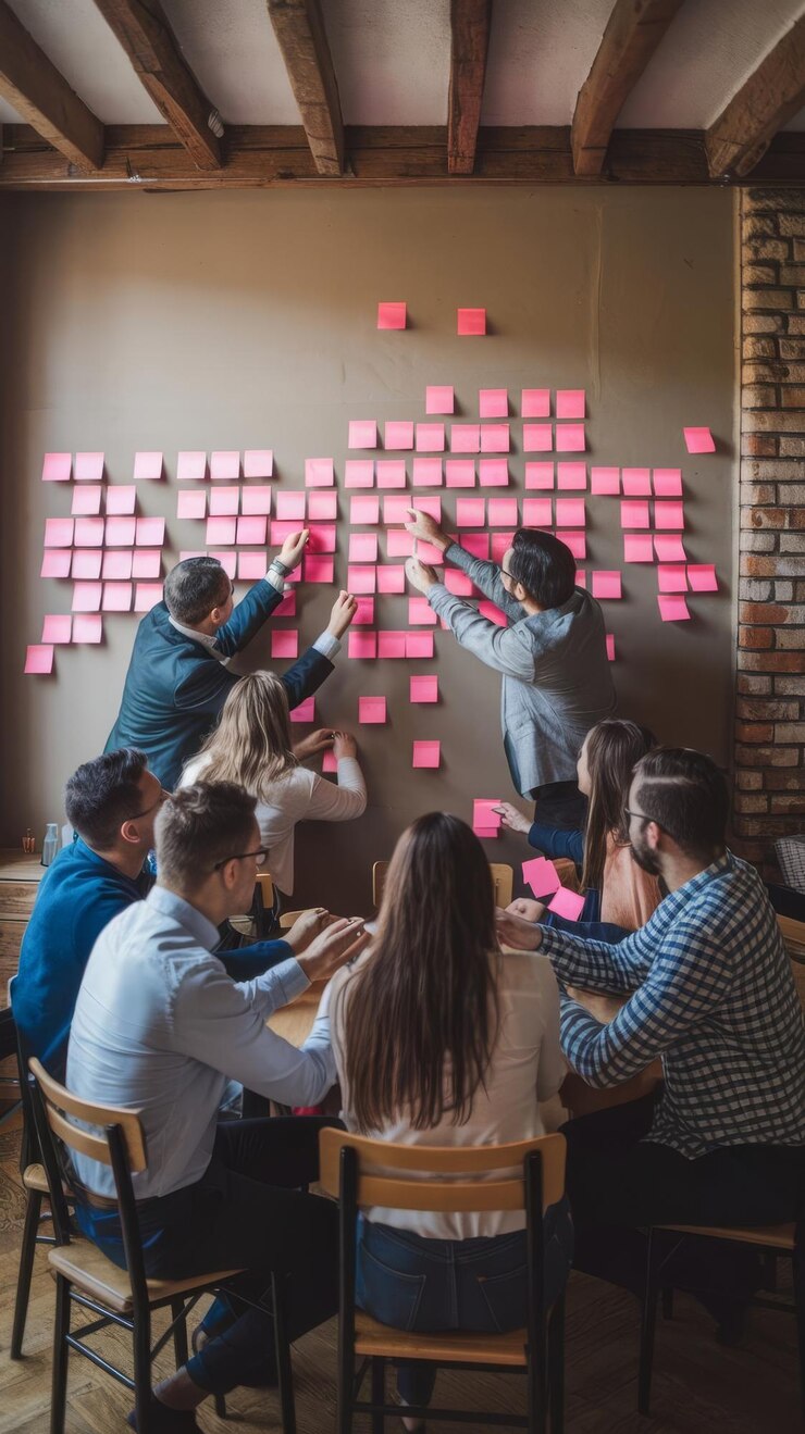 Colleagues sticking colorful post its together