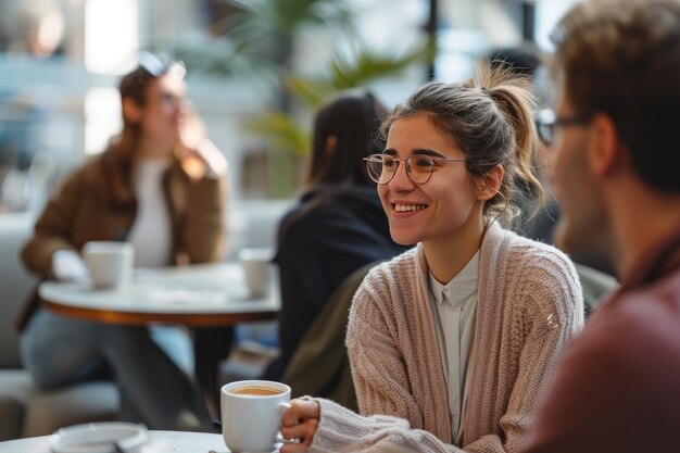 Colleghi che discutono strategie davanti a un caffè in una sala pausa