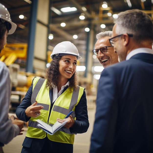 colleghi d'affari felici che discutono tra loro nell'industria