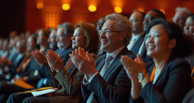 Colleghi felici che applaudono mentre sono seduti in un evento di conferenza al centro congressi