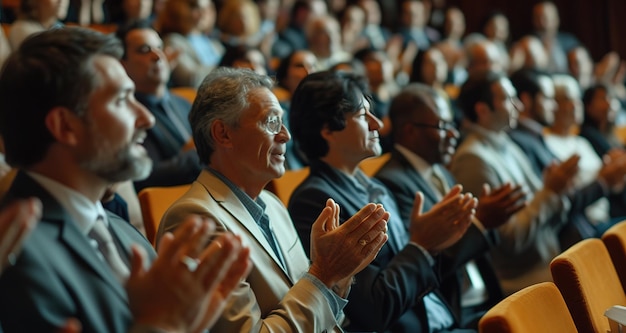 Colleghi felici che applaudono mentre sono seduti in un evento di conferenza al centro congressi