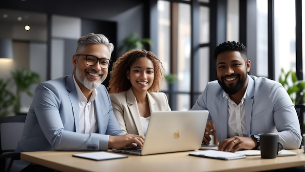 Colleghi felici e sorridenti, dirigenti, due manager professionisti che guardano un computer portatile.